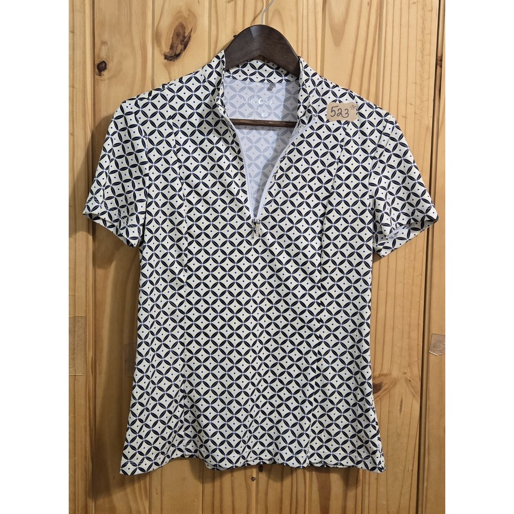 Mimosa Women's  Short Sleeve Top SZ SM Black White Yellow Hex Design V‎ Neck